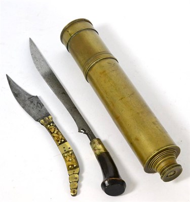 Lot 211 - F M Newton Halifax four draw brass telescope and two Eastern knives