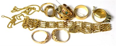 Lot 256 - Eight 9ct gold rings, another ring stamped '9CT', 15ct gold ring, bracelet with clasp stamped...