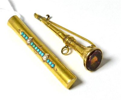 Lot 262 - Two yellow metal bar brooches, one set with turquoise and seed pearls the other in the form of...