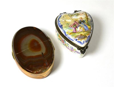 Lot 267 - Heart shaped 18th century enamel box and cover 'Lille 1767' and an agate oval hinged snuff box...