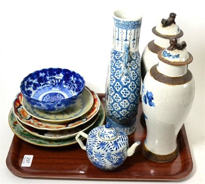 Lot 297 - Chinese blue and white moon flask (a.f.), a matched pair of crackle ware vases and covers,...