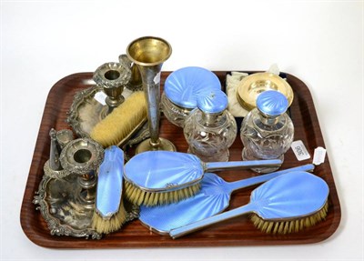 Lot 306 - Silver and blue enamel dressing table items (a.f.), three small silver dishes, a silver posy...