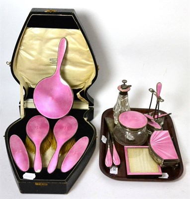 Lot 308 - A cased silver and pink enamel dressing table set (a.f.), further silver and pink enamel items...