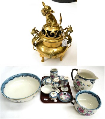 Lot 326 - A Losol ware toilet set with printed chinoiserie decoration, a Chinese bronze incense burner...