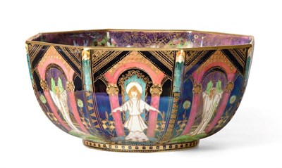 Lot 500 - A Wedgwood Fairyland Lustre Geisha or Angels and Running Figures Octagonal Bowl, designed by...