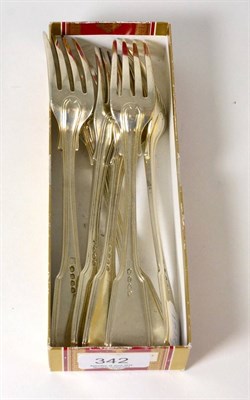 Lot 342 - Six fiddle and thread pattern silver table forks, not crested