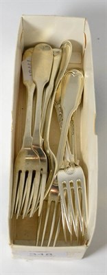 Lot 348 - Seven fiddle and thread pattern dessert forks and two other forks