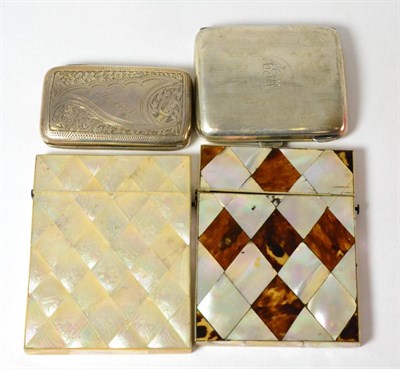 Lot 351 - Mother-of-pearl card case, another with tortoiseshell and two silver cigarette cases