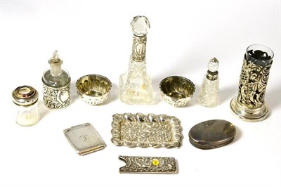 Lot 359 - Cut glass scent bottle with silver mount, silver mounted glass jars, pair of silver salts and other