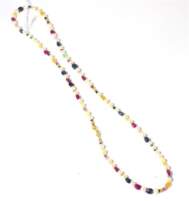 Lot 362 - A cultured pearl and multi-coloured sapphire necklace, the cultured pearls strung with assorted...