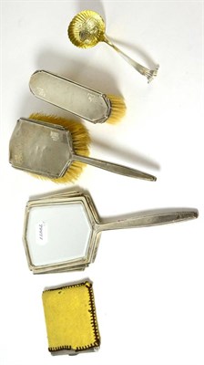 Lot 380 - Three piece silver backed dressing table set, silver cigarette case and a silver Georgian ladle