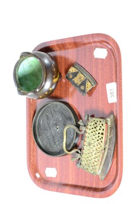 Lot 381 - Chinese small brass censor, Chinese bronze mirror and two Tibetan brass mounted tinder pouches