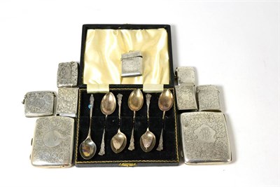 Lot 394 - Cased set of composite silver teaspoons and assorted silver cigarette cases, vesta and matchboxes