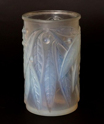 Lot 508 - René Lalique (French, 1860-1945): An Opalescent, Frosted and Blue Stained Laurier Glass Vase,...