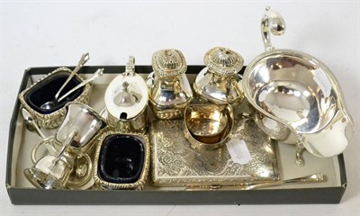 Lot 416 - Small silver including a sauce boat, a mustard, salts, pepperettes, napkin rings, etc