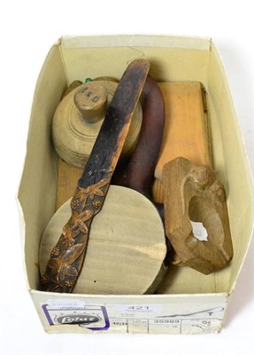 Lot 421 - Mahogany knitting stick, pair of butter pats, shortbread moulds, carved oak bookmark dated 1862 and