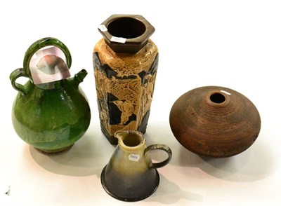 Lot 467 - Farnham pottery jug, a Bretby vase, a large wood vessel and a green salt glaze jug