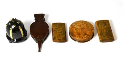 Lot 475 - 19th century bellows snuff box, ebony beehive domed box and cover and three treen snuff boxes...