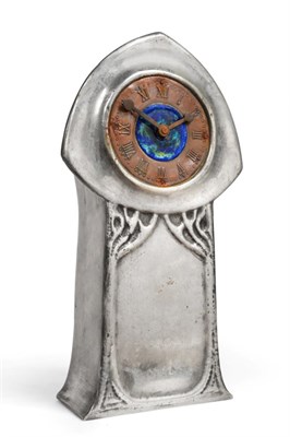 Lot 517 - A Liberty & Co Tudric Pewter and Enamel Mantel Clock, Model No.0371, 2-1/2-inch dial, Roman numeral