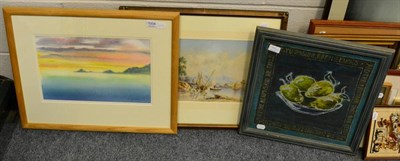 Lot 1004 - Framed watercolour of sailing boats by E R Enson; modern watercolour of a seascape; and a...