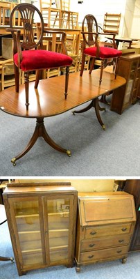 Lot 1010 - Reproduction D-end dining table, glazed oak cabinet and oak bureau