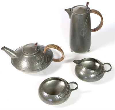 Lot 520 - Archibald Knox (1864-1933) for Liberty & Co: A Tudric Pewter Four Piece Tea Service, comprising...