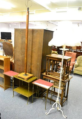 Lot 1032 - A vintage two tier table in brass and leather, a pair of small brass tables and an Art Deco...