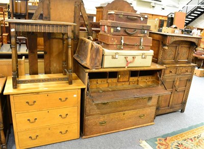 Lot 1037 - Georgian oak secretaire (lacking bookcase), light oak three height chest of drawers, a reproduction