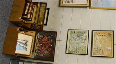 Lot 1040 - A large quantity of assorted frames, pictures and prints, modern woolworks, modern maps etc