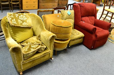 Lot 1045 - Upholstered rocking chair, a nursing chair, a bedroom chair, another with matching pouffe, a...