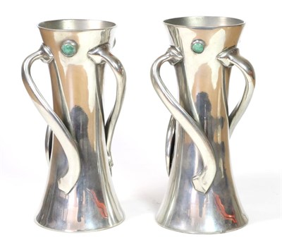 Lot 523 - Attributed to Oliver Baker for Liberty & Co: A Pair of Tudric Pewter Vases, of waisted...