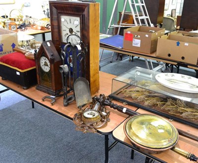 Lot 1057 - Mahogany shelf clock, a wall clock, two wall barometers, hinged box, fire tidy and two bed warmers