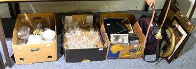 Lot 1064 - Framed oil painting and prints, various camera equipment, miscellaneous glassware etc