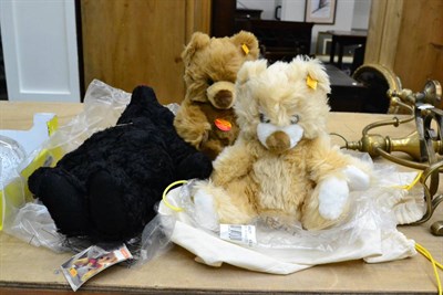 Lot 1080 - Steiff modern black jointed bear with growler, modern Steiff beanie bears Bertie and Bertha (3)