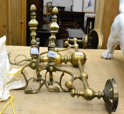 Lot 1081 - Brass twin light fitting and a pair of brass fire dogs