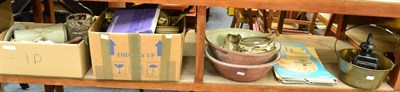 Lot 1094 - A large pestle and mortar, two railway lamps, brass jam pan, stoneware bowls, oil lamps,...