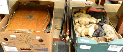 Lot 1098 - Inlaid writing slope, metal mounted tray, wooden shoe trees, soft toys, fur jacket and walking...