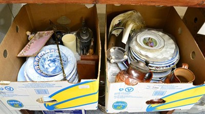 Lot 1099 - Assorted blue and white pottery, salt glazed stoneware jugs, exhibition paperweight, plated...