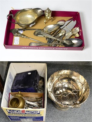 Lot 1100 - A large silver plated punch bowl, a cased pair of plated candlesticks, a group of silver...