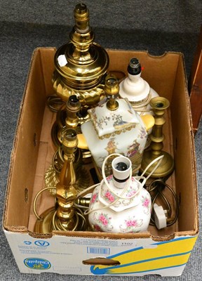 Lot 1102 - A pair of brass candlesticks and six various electric table lamps