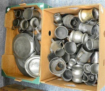 Lot 1105 - Assorted pewter including an oval platter, warming dish, tankards etc (in two boxes)