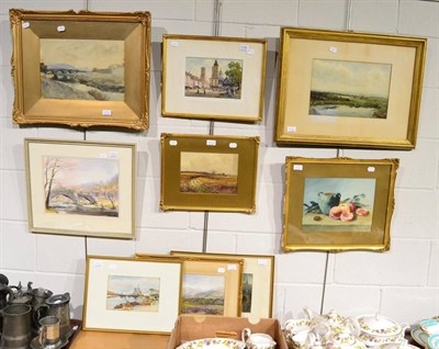 Lot 1156 - Quantity of assorted framed watercolours including river views, still life and a market town,...