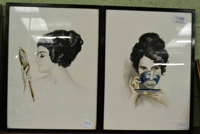 Lot 1185 - Two 1930's watercolours, woman drinking tea and woman looking in a hand mirror