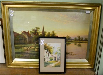 Lot 1187 - F Walters, river landscape, oil, signed and a watercolour by J Dudley ";Mary's Abbey, York"; (2)