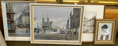 Lot 1194 - Modern framed oil on canvas of a Parisian street scene, another similar, modern oil on board,...