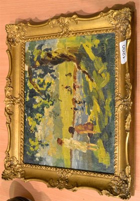 Lot 1200 - W Beavis (19th/20th century) figures before a lake, signed, oil on canvas