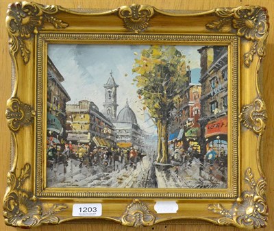 Lot 1203 - Parisian street scene, oil on board, signed