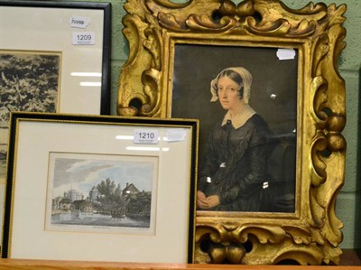 Lot 1210 - A 19th century gilt framed watercolour portrait of a woman and a coloured engraving