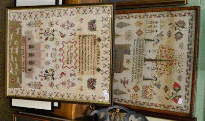 Lot 1213 - A framed sampler worked by Eliza Powell, dated 1824, depicting the Grammar School, and another...