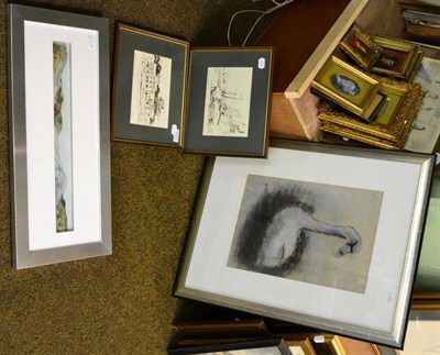 Lot 1215 - A modern framed pastel of a swan, two framed ink drawings of Padstow, dated 1978, indistinctly...